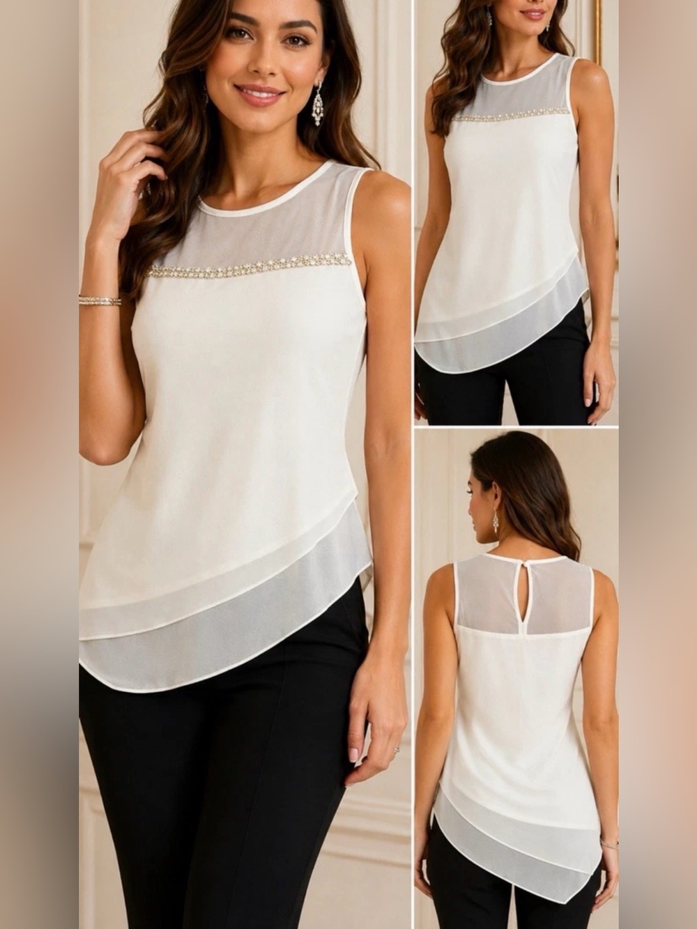 Prelude Ivory Embellished Asymmetrical Hem Sleeveless Blouse Size Small